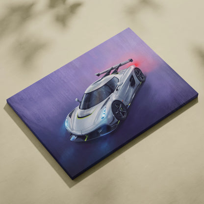 Silver koenigsegg jesko inspired hypercar canvas print with glowing blue headlights and red exhaust trail on purple background