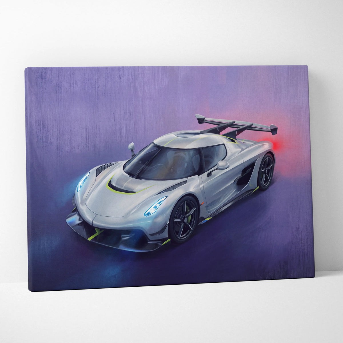 Silver koenigsegg jesko inspired hypercar wall art with glowing blue and yellow accents on luxury canvas print