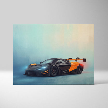 Black and orange McLaren 720S GT3 Evo inspired supercar canvas art print for custom car wall decor