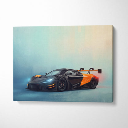 Black and orange mclaren 720s gt3 evo inspired supercar canvas art featuring a custom racing car wall art print
