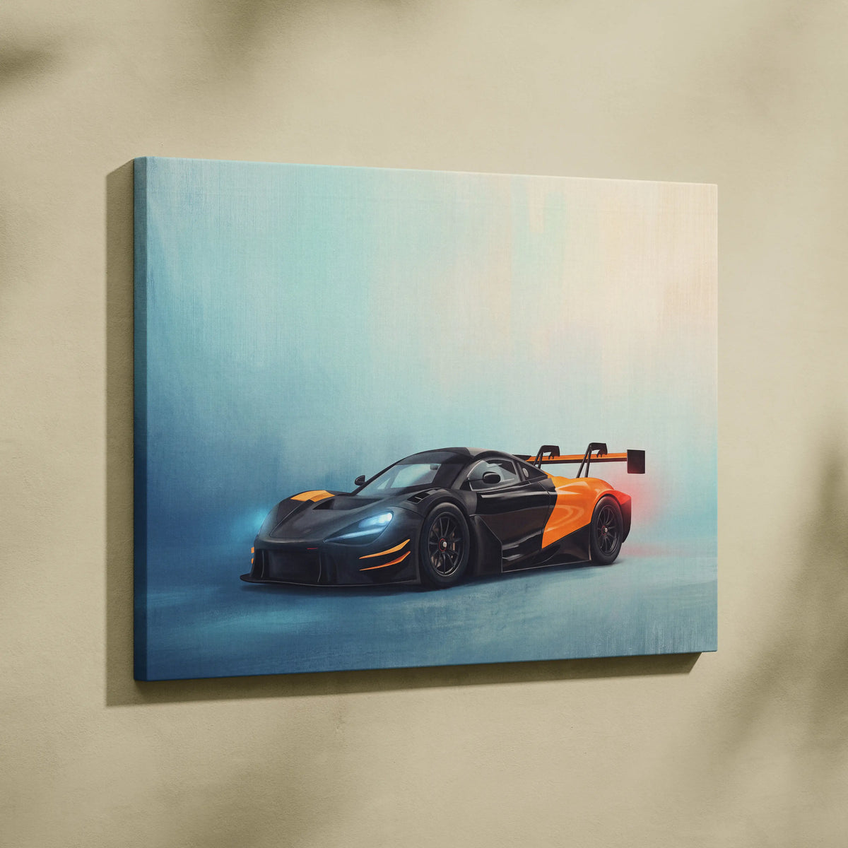 Black and orange McLaren 720S GT3 Evo inspired supercar painting on canvas custom car wall art print