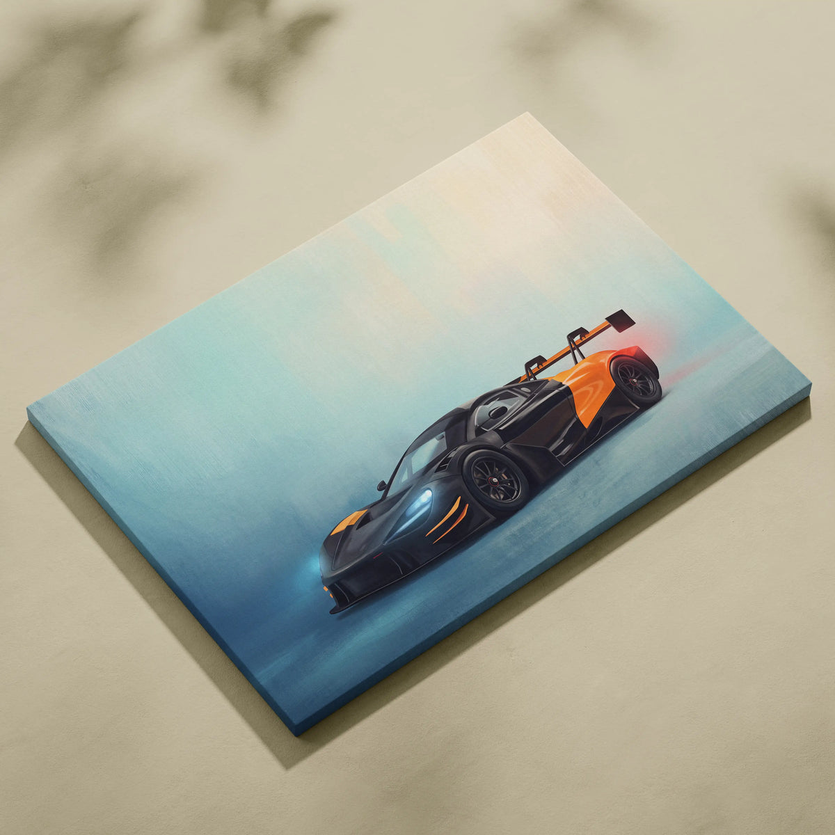 Black and orange mclaren 720s gt3 evo inspired supercar illustration on a stretched canvas wall art print