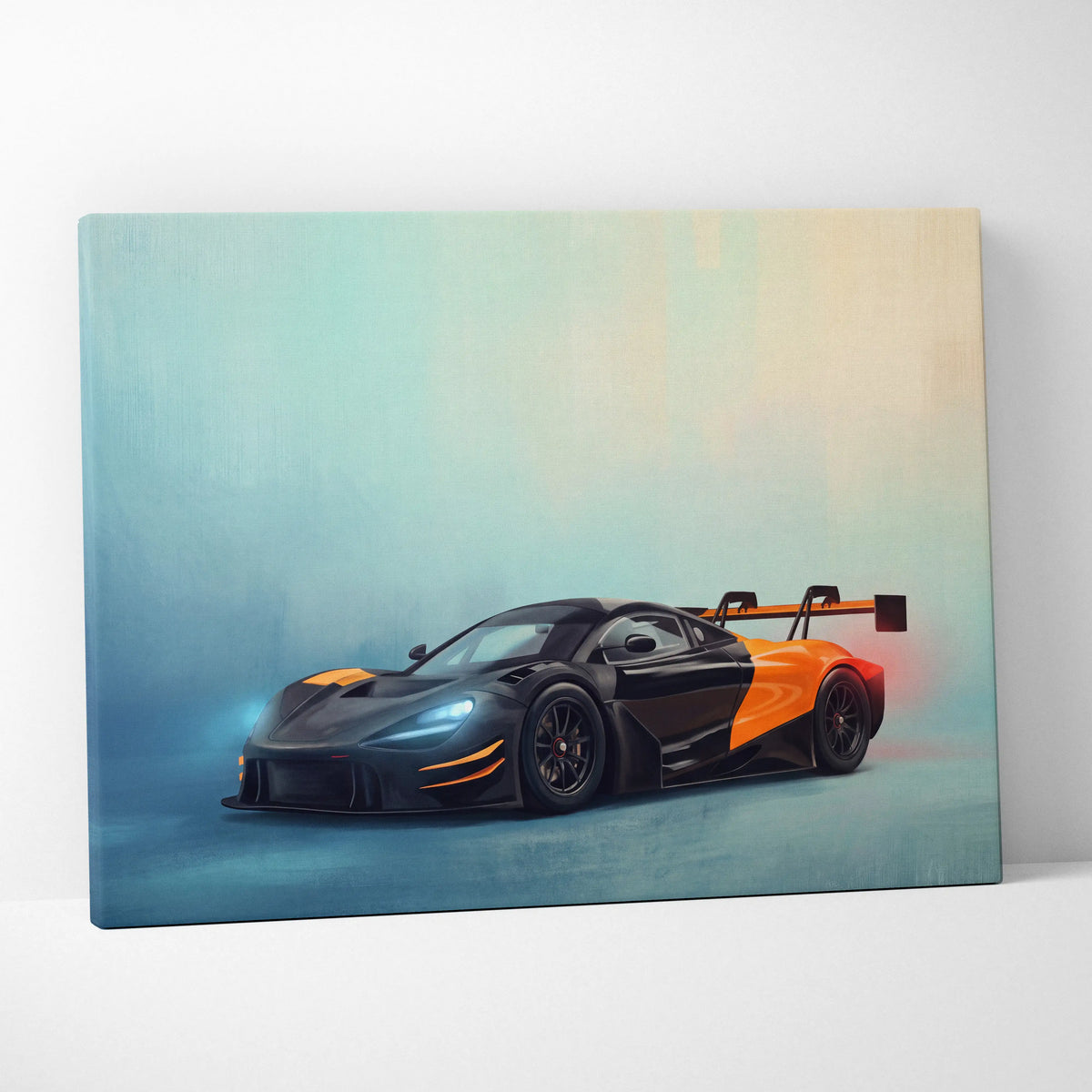 Black and orange McLaren 720S GT3 Evo inspired supercar canvas art print for custom car wall decor