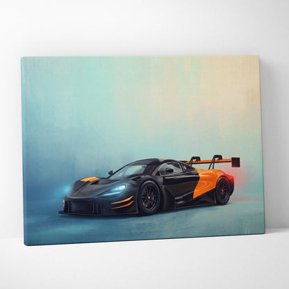 Black and orange McLaren 720S GT3 Evo inspired supercar canvas art print for custom car wall decor