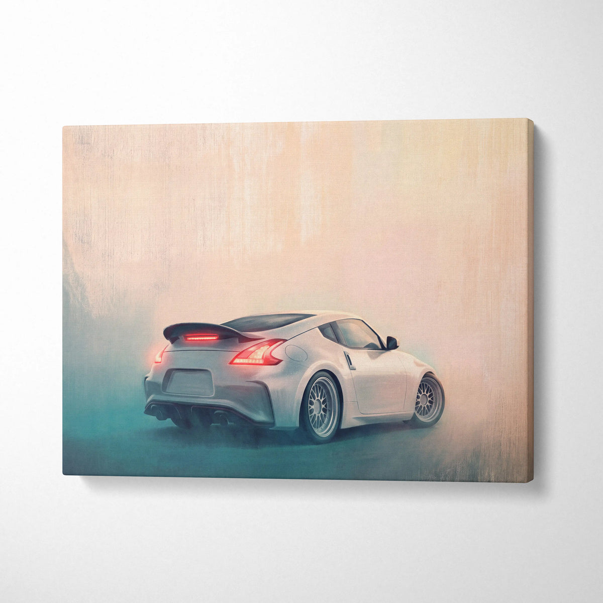 A sleek silver Nissan 370Z sports car canvas print mid-drift with glowing red taillights on misty backdrop wall art