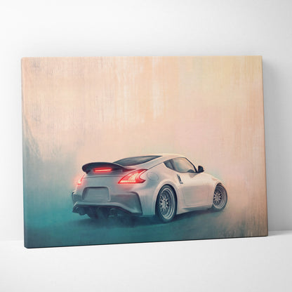 Nissan 370Z inspired luxury sports car canvas painting with sleek silver rear view and glowing red taillights