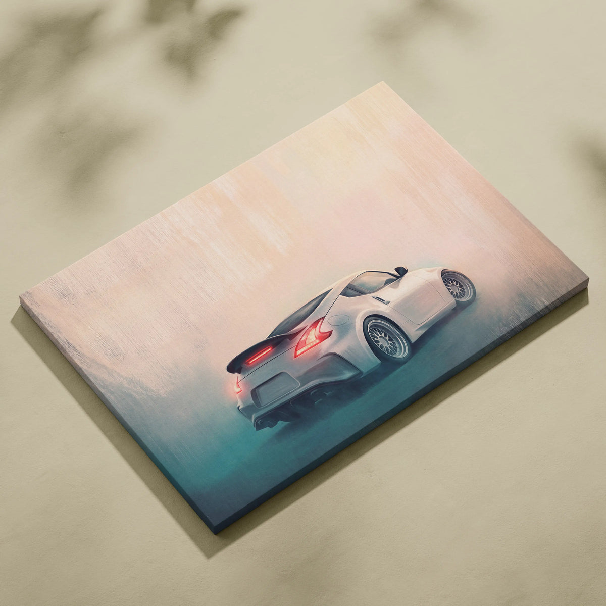 White sports car canvas print with glowing red taillights and sleek design inspired by nissan 370z luxury wall art