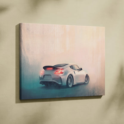 Nissan 370z inspired automotive wall art featuring a sleek silver sports car canvas print with glowing red taillights and black spoiler mounted on a wall