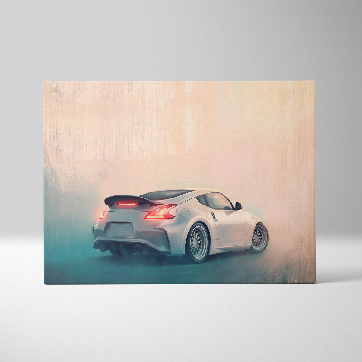 Nissan 370z inspired automotive wall art showing a sleek silver sports car with black roof and custom wheels in motion