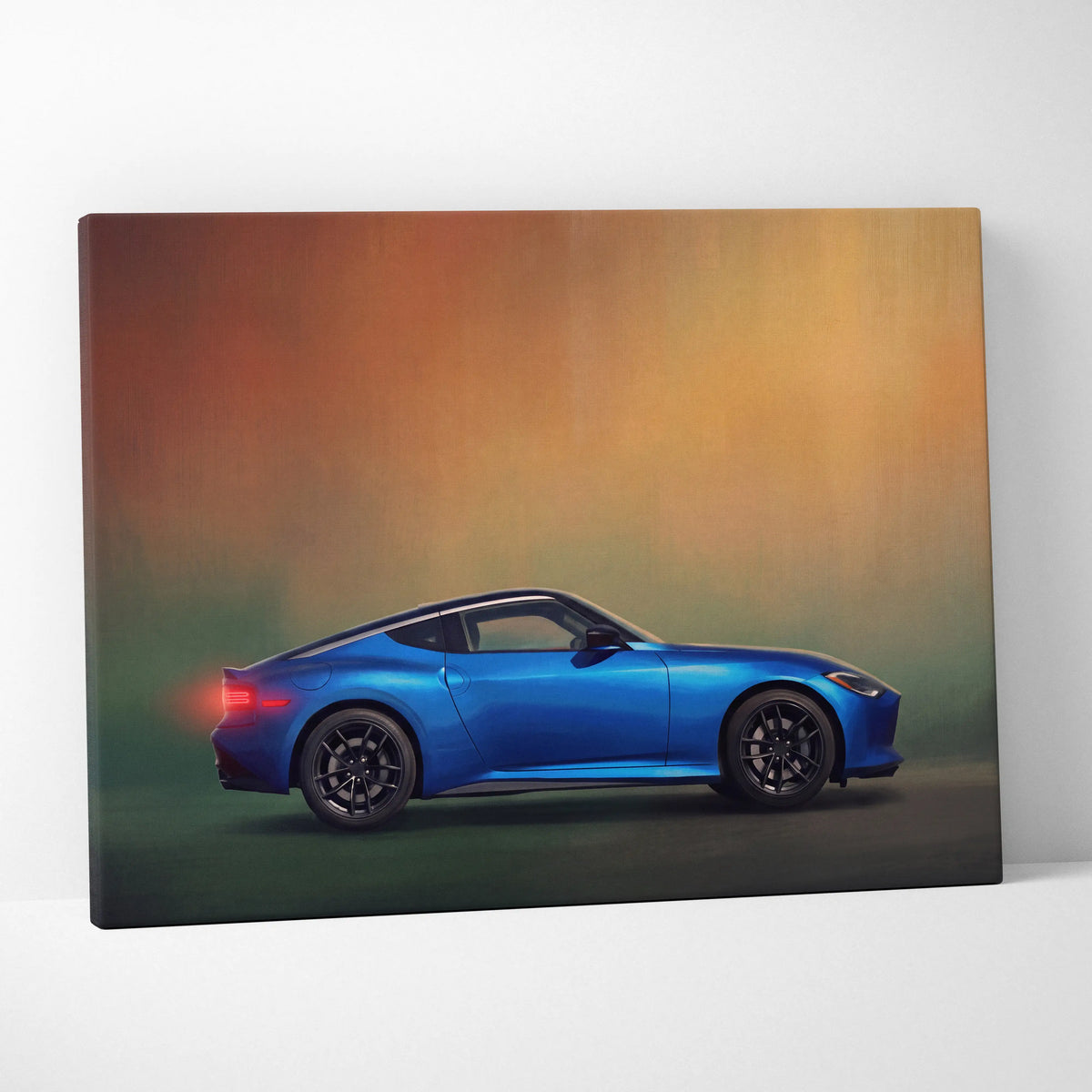Nissan z inspired canvas art of a vibrant blue sports car with sleek black rims on a dynamic gradient background
