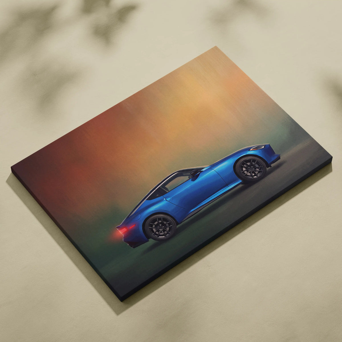 Nissan z inspired blue sports car canvas art with sleek glossy finish and black alloy wheels for modern decor