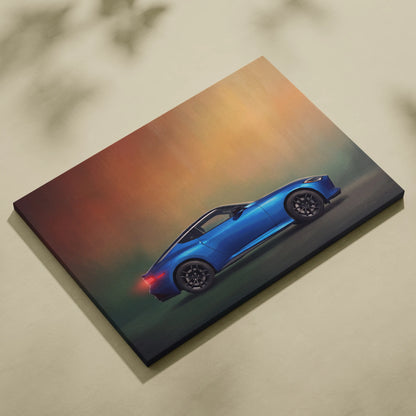 Nissan z inspired blue sports car canvas art with sleek glossy finish and black alloy wheels for modern decor