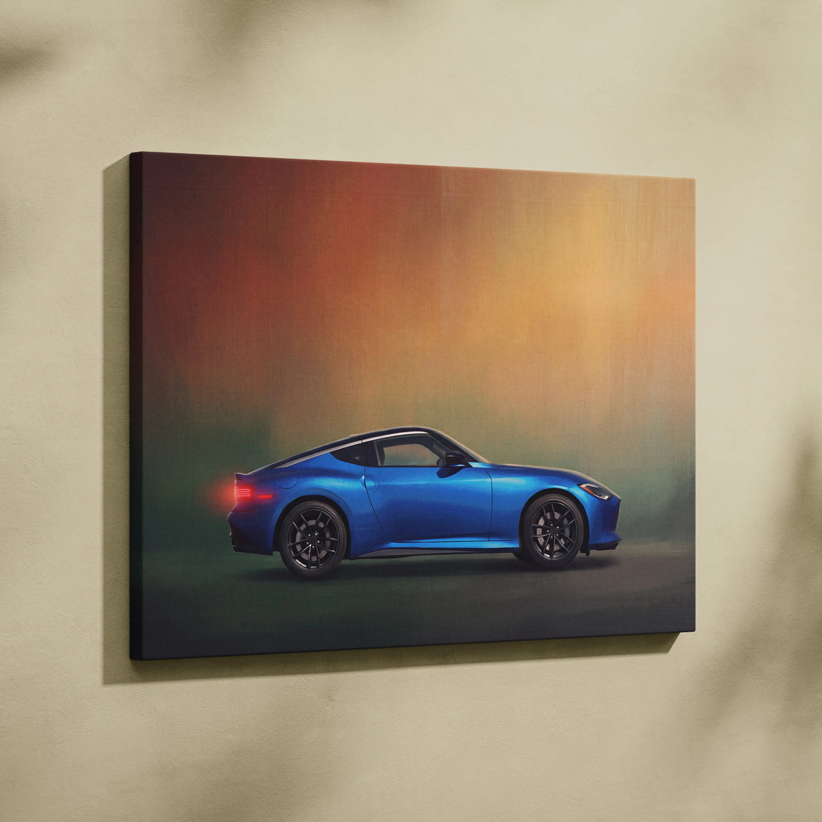A vibrant blue nissan z sports car canvas art with sleek black rims and glowing red taillight for modern decor