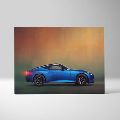 Nissan z inspired canvas art featuring a vibrant blue sports car side profile with black wheels and red taillights
