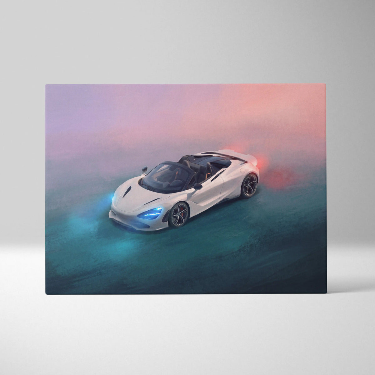 White McLaren 720S spider convertible canvas art featuring glowing blue headlights and red exhaust flames wall decor