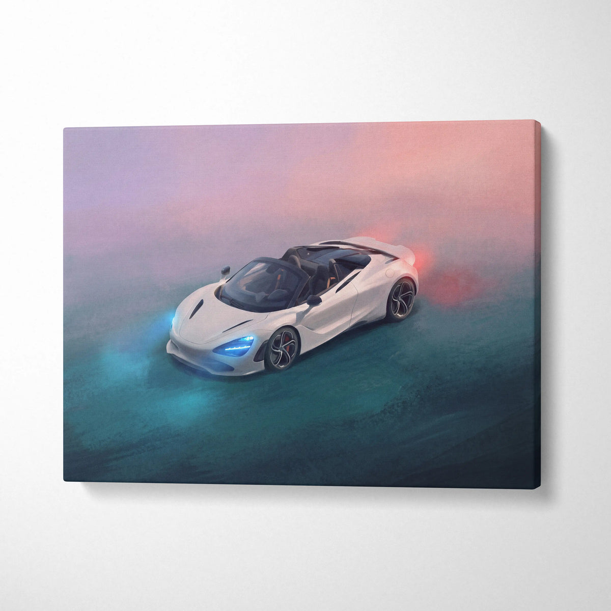 White McLaren 720S spider canvas art with glowing blue headlights and red exhaust flames on pink teal gradient sky