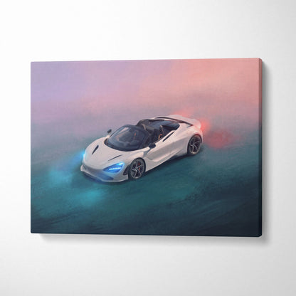 White McLaren 720S spider canvas art with glowing blue headlights and red exhaust flames on pink teal gradient sky