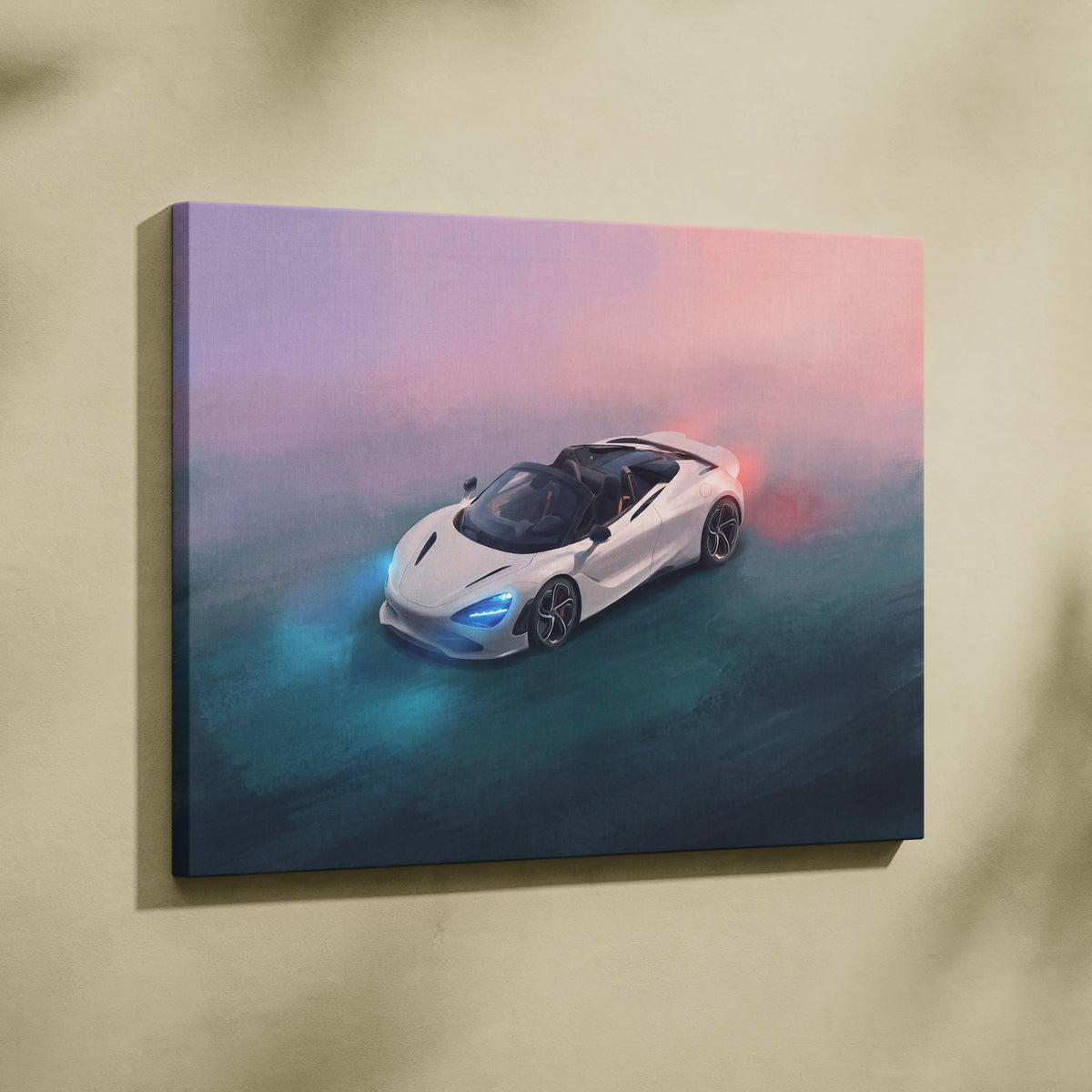 McLaren 720S Spider inspired canvas art featuring a white convertible with glowing blue headlights and pink sky
