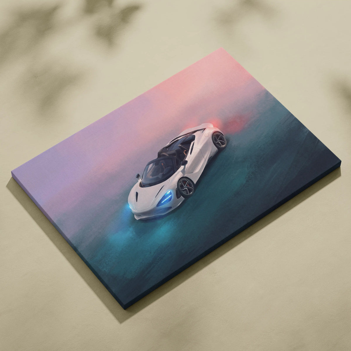 White mclaren 720s spider inspired canvas art with glowing blue headlights and red exhaust smoke on gradient sky