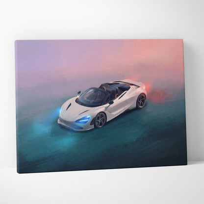White McLaren 720S convertible sports car canvas print with glowing blue headlights and red exhaust flames