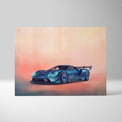 Ford GT inspired canvas art featuring a sleek metallic blue racing car with glowing headlights and a rear wing