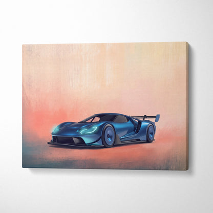Ford GT inspired canvas art featuring a blue racing car illustration on premium automotive wall decor canvas