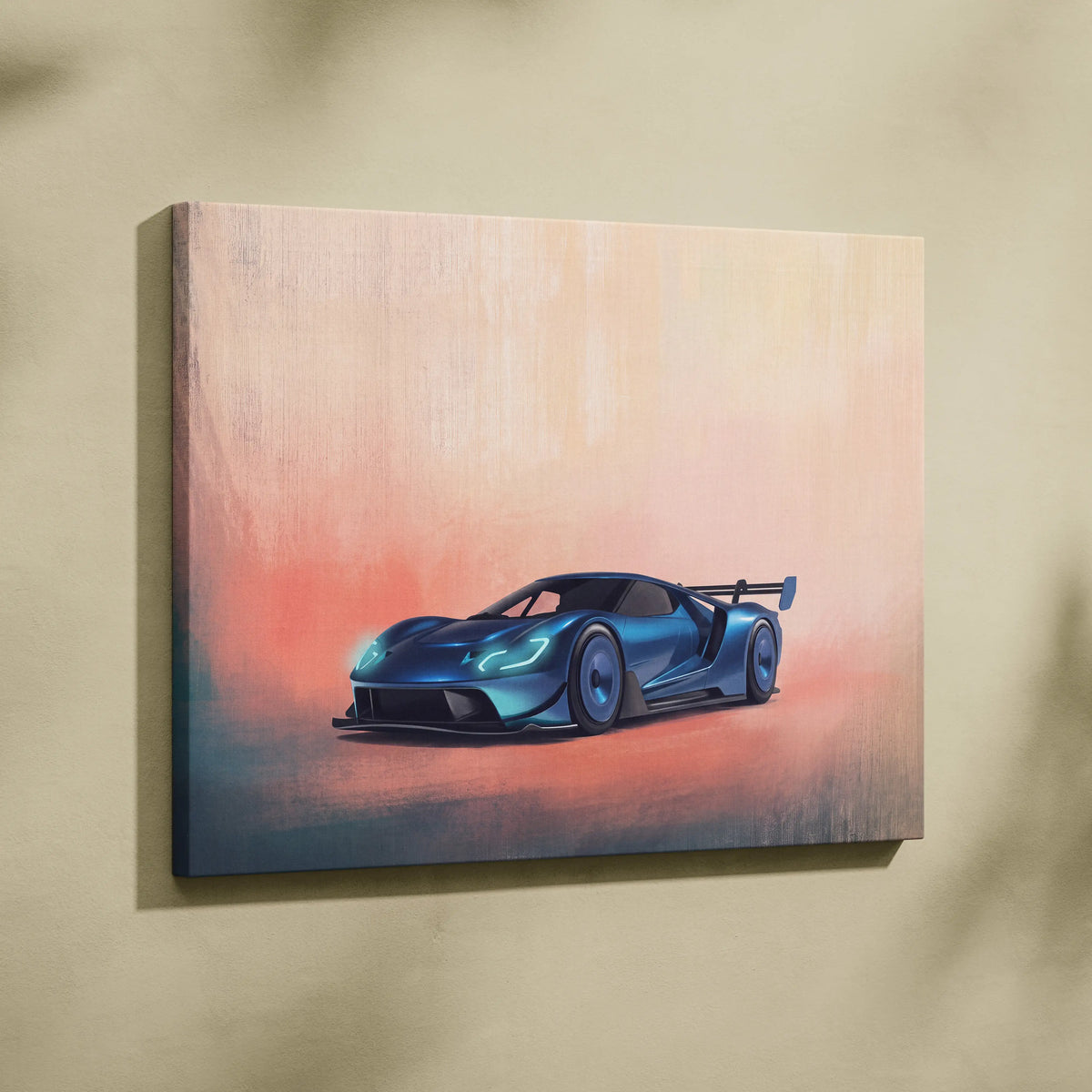 Ford gt inspired blue racing car painting on canvas premium automotive wall decor for car enthusiasts