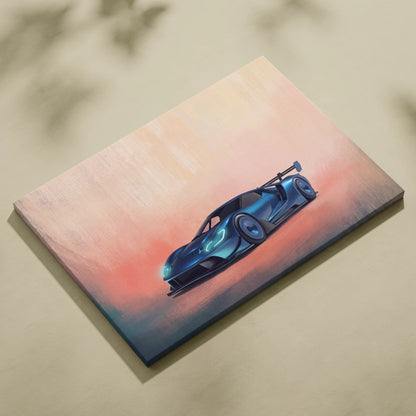 Ford gt inspired canvas art featuring a sleek blue sports car with glowing accents on a gradient sunset backdrop