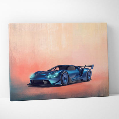 Ford GT inspired canvas art featuring blue metallic sports car painting on premium automotive wall decor canvas