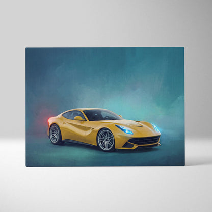 Vibrant yellow ferrari f12berlinetta sports car wall art with glowing blue headlights on canvas print track edition