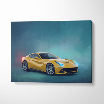 Vibrant yellow Ferrari F12berlinetta sports car painting on canvas for wall art track edition print