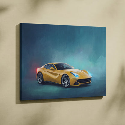 A vibrant yellow Ferrari F12berlinetta inspired car wall art canvas painting print in a dynamic stylized design