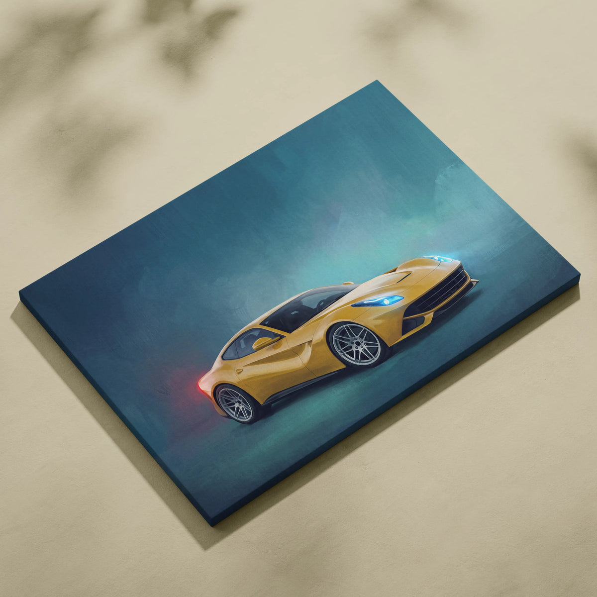 Vibrant yellow ferrari f12berlinetta inspired sports car illustration printed on a stretched canvas wall art print