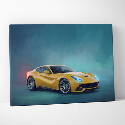 Vibrant yellow ferrari f12 berlinetta sports car dynamic stylized painting on canvas wall art print track edition