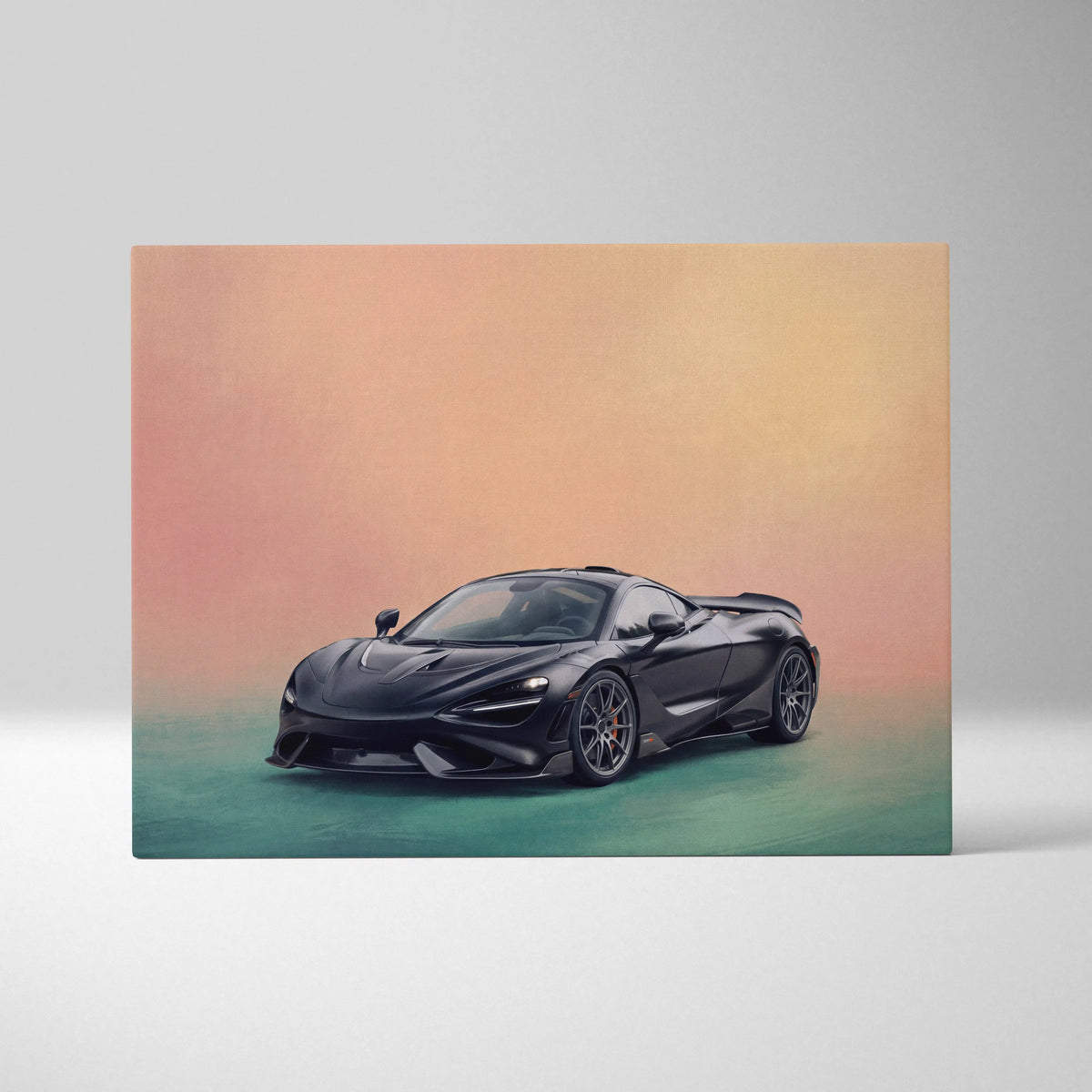 Black mclaren 720s inspired car wall art canvas print featuring glossy aerodynamic design with orange-accented wheels