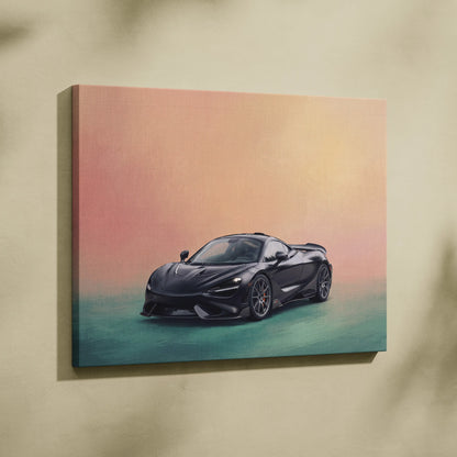 Black mclaren 720s sports car canvas painting with gradient sunset background for track edition wall art print