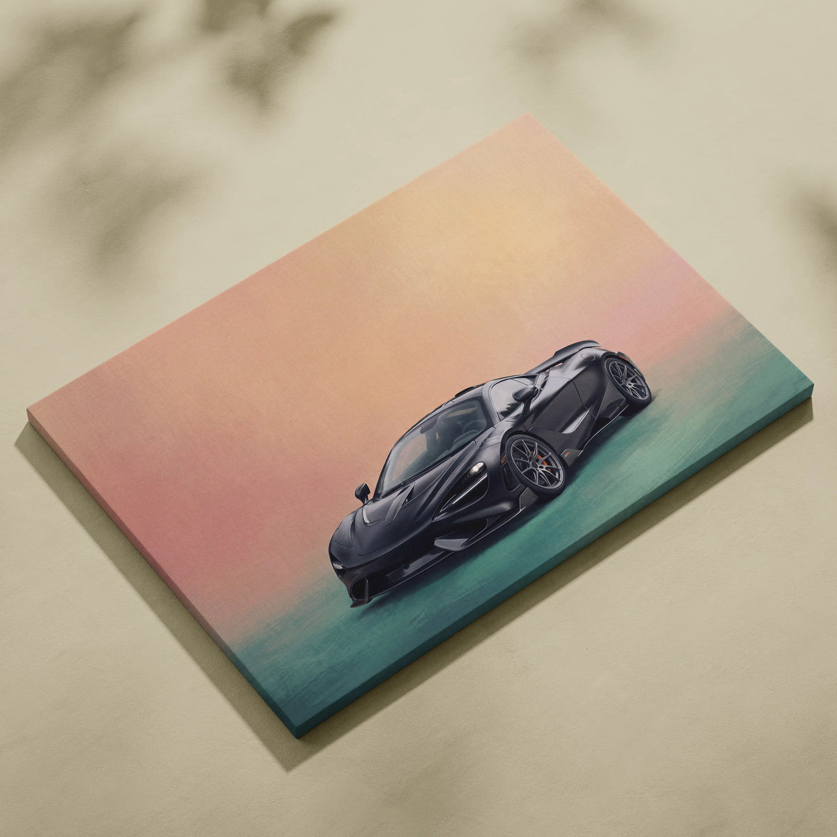 Black mclaren 720s inspired sports car illustration on gradient canvas track edition wall art print