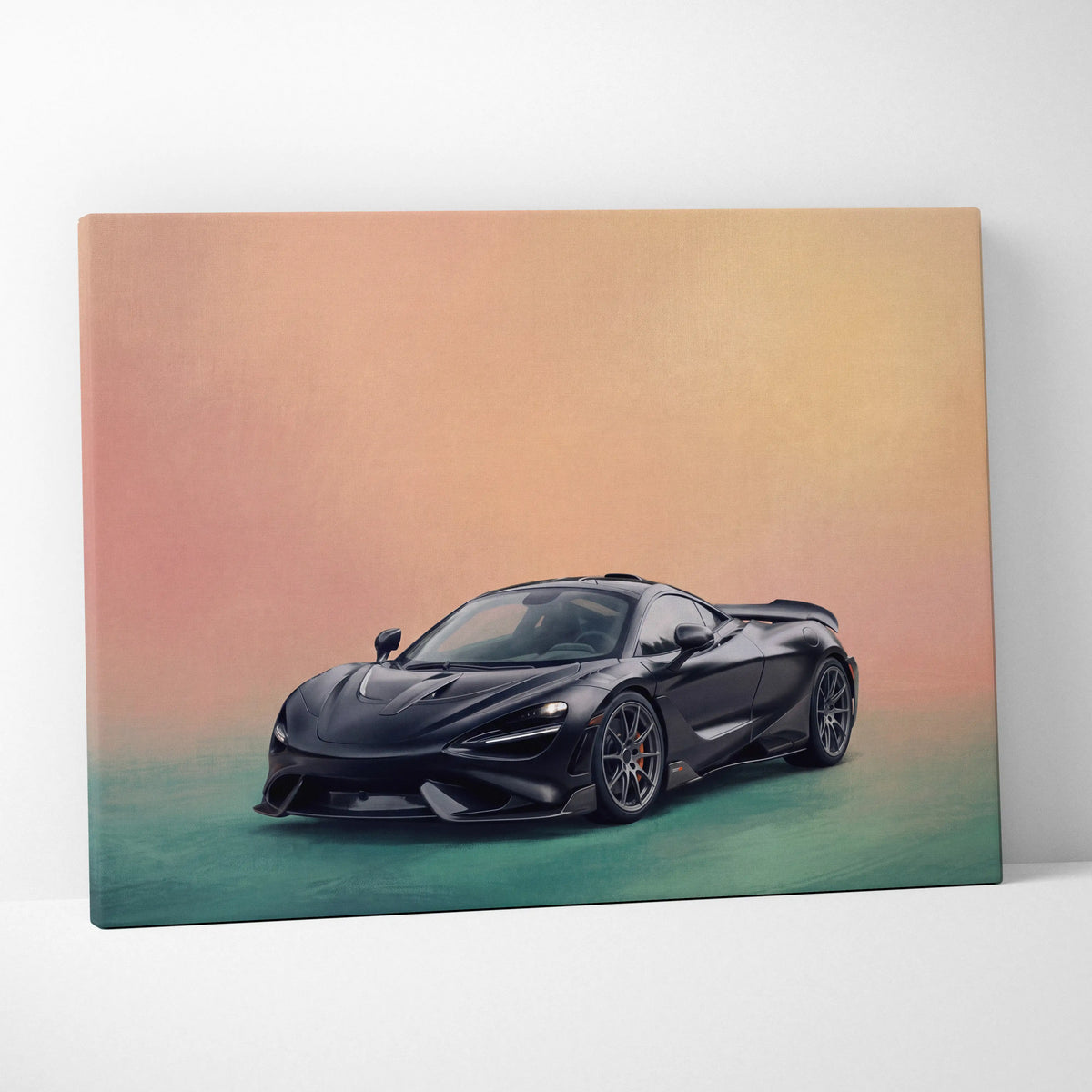 Black McLaren 720S sports car wall art canvas painting print with sleek glossy finish inspired by track edition
