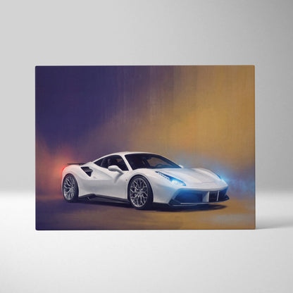 Ferrari 488 GTB inspired white sports car canvas print with glowing blue headlights and dynamic gradient background