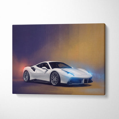 White ferrari 488 gtb inspired sports car canvas print with glowing blue headlights and dynamic gradient background