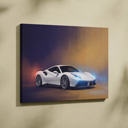 White ferrari 488 gtb inspired luxury supercar canvas print featuring a dynamic illuminated sports car design