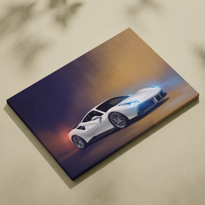 White ferrari 488 gtb inspired sports car canvas print with glowing blue headlights and dynamic sunset background