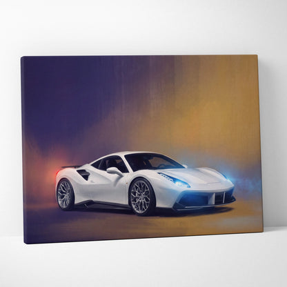 White ferrari 488 gtb inspired sports car canvas print with glowing blue headlights and gradient background wall art