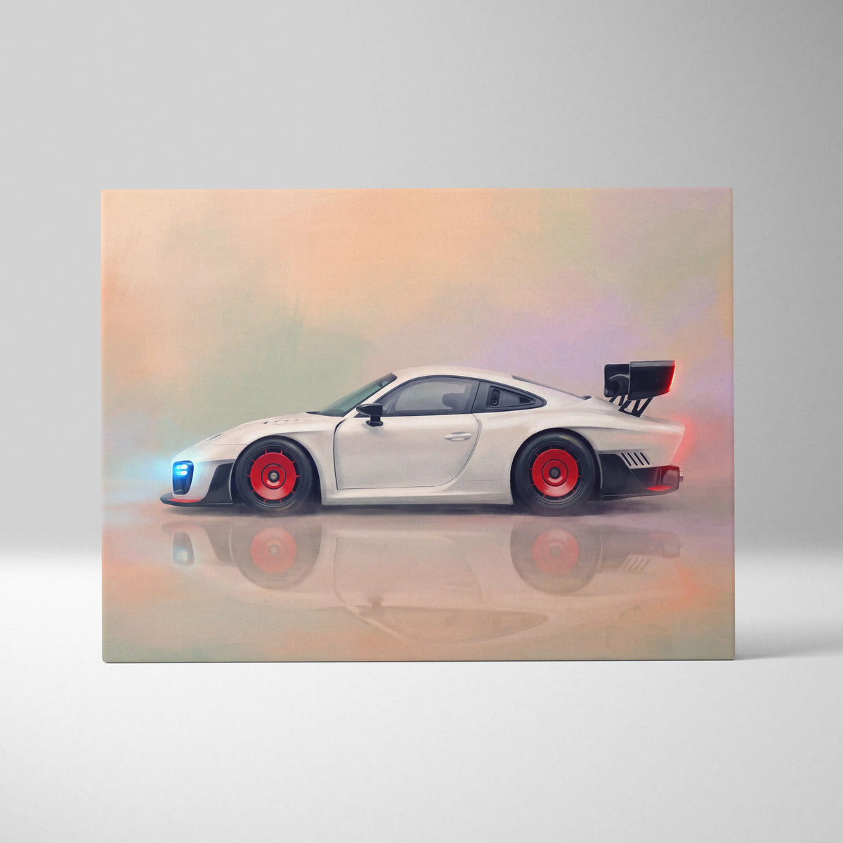White porsche 911 with red wheels and black rear spoiler in artistic rendering on porsche 935 inspired luxury supercar canvas print