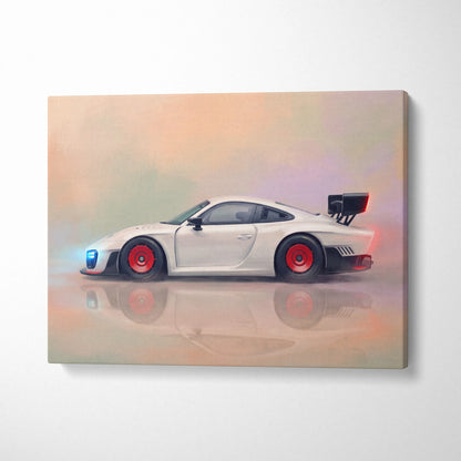 Porsche 935 inspired automotive wall art featuring a white Porsche 911 with red rims and black rear spoiler on canvas