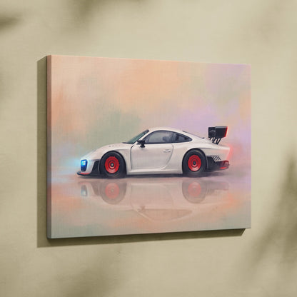 White porsche 911 r race car canvas print with red wheels and glowing blue headlights for luxury wall art