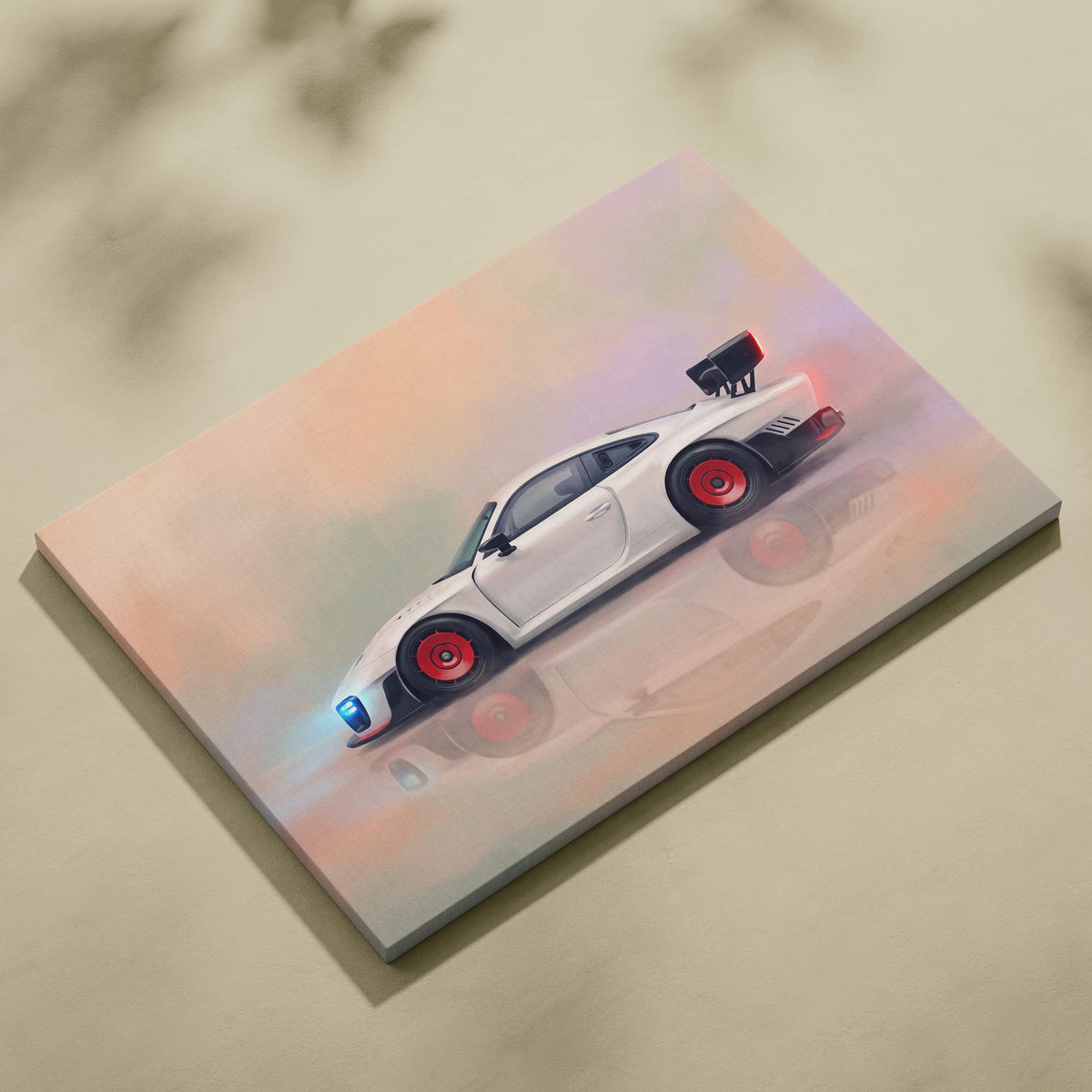 White Porsche 911 with red rims and black rear spoiler on luxury supercar canvas print inspired by Porsche 935