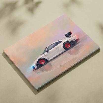 White Porsche 911 with red rims and black rear spoiler on luxury supercar canvas print inspired by Porsche 935