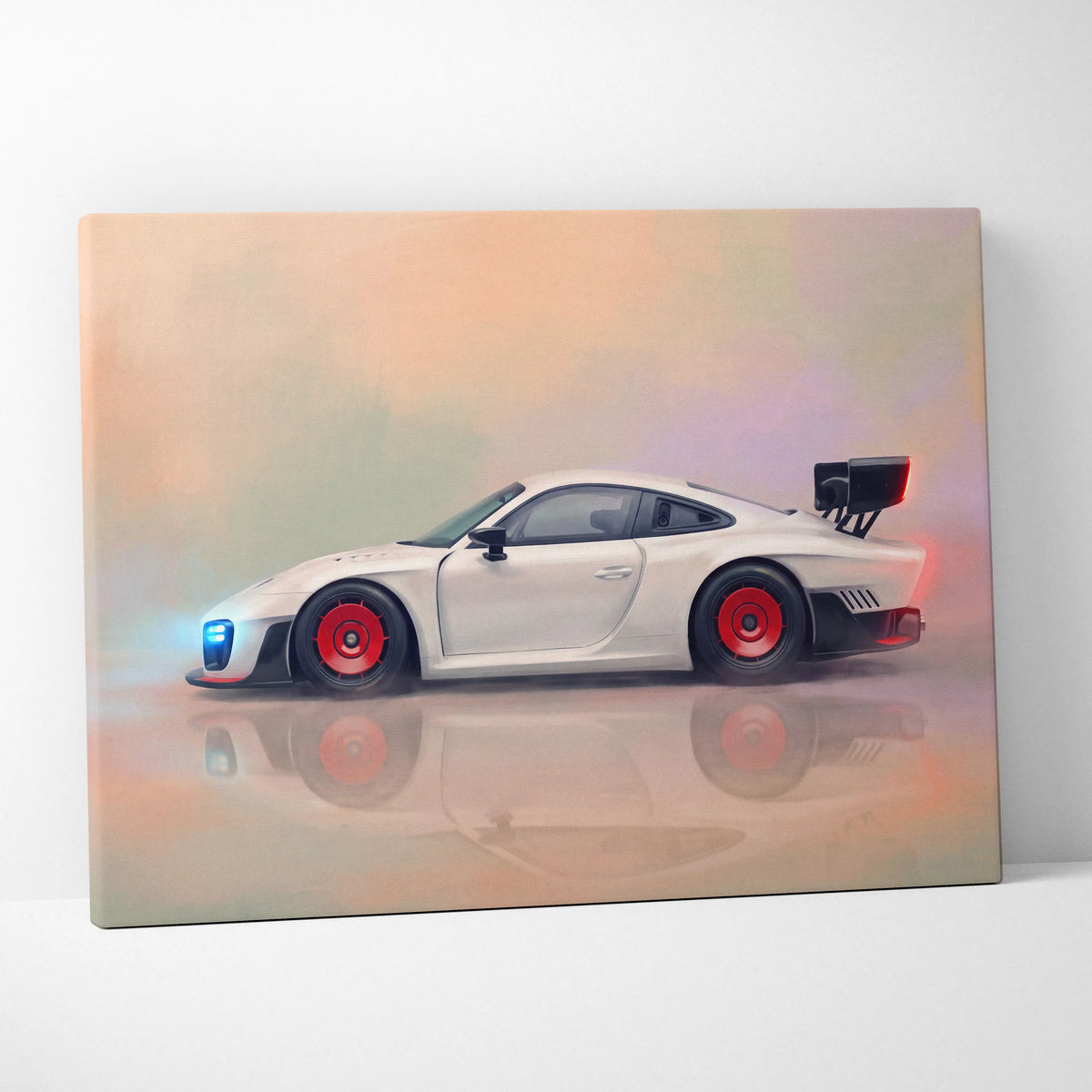 Porsche 935 inspired automotive wall art featuring a white porsche 911 with red rims and black rear spoiler on canvas