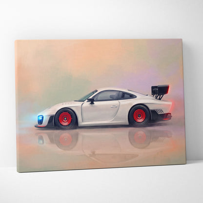 Porsche 935 inspired automotive wall art featuring a white porsche 911 with red rims and black rear spoiler on canvas